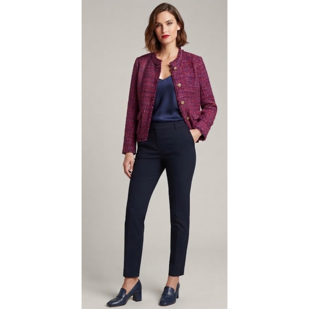 Talbots Petite Red Purple Tweed Jacket Gold Crest Button Frayed Trim Blazer 12P